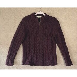 Irelands Eye Lambswool Silk Cardigan Womens Sz M Burgundy Cable Knit